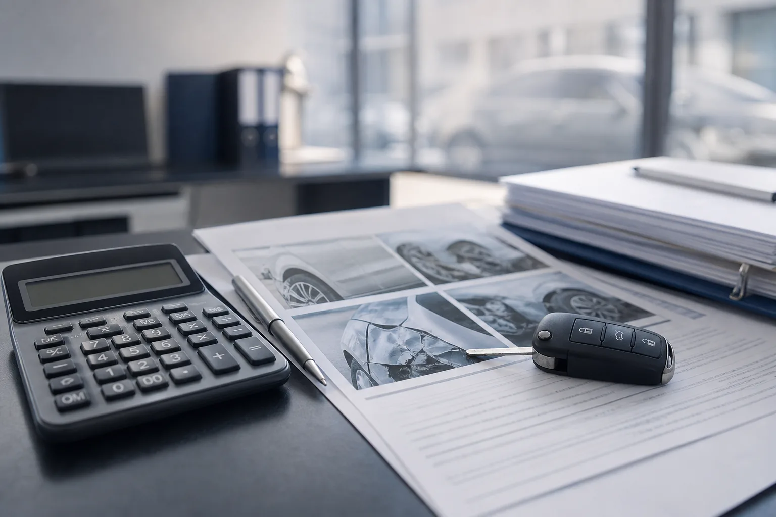 Taschenrechner, Autoschlüssel und ein Schadengutachten mit Unfallfotos auf einem Büroschreibtisch