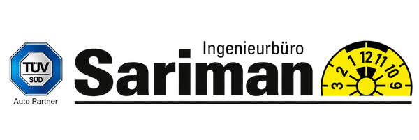 Logo Ingenieurbüro Sariman mit TÜV-SÜD-Auto-Partner-Zeichen und gelber HU-Plakette