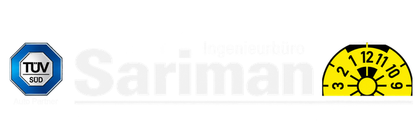 Logo Ingenieurbüro Sariman mit TÜV-SÜD-Auto-Partner-Zeichen und gelber HU-Plakette
