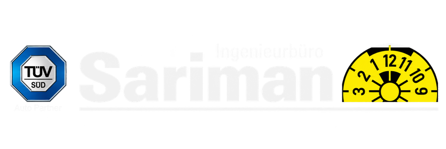 Logo Ingenieurbüro Sariman mit TÜV-SÜD-Auto-Partner-Zeichen und gelber HU-Plakette